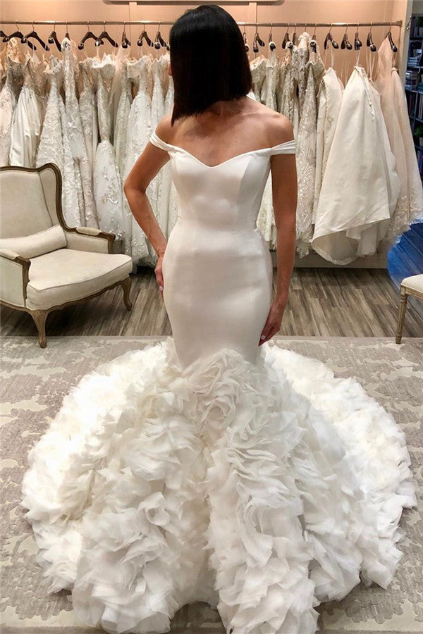 Ruffless Mermaid Wedding Gowns Off the shoulder Party Dresses-showprettydress