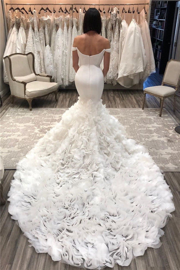 Ruffless Mermaid Wedding Gowns Off the shoulder Party Dresses-showprettydress