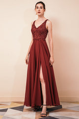 Rust A-line Chiffon V-neck Open-back Prom Dress-showprettydress