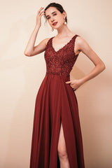 Rust A-line Chiffon V-neck Open-back Prom Dress-showprettydress