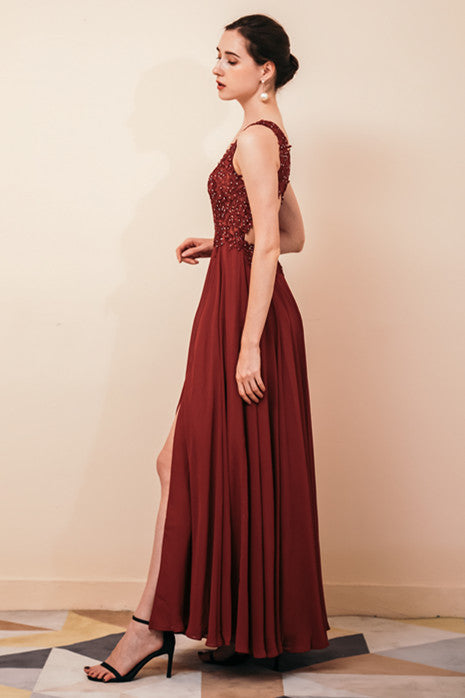 Rust A-line Chiffon V-neck Open-back Prom Dress-showprettydress