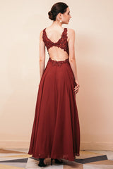 Rust A-line Chiffon V-neck Open-back Prom Dress-showprettydress