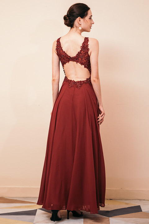 Rust A-line Chiffon V-neck Open-back Prom Dress-showprettydress