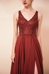 Rust A-line Chiffon V-neck Open-back Prom Dress-showprettydress