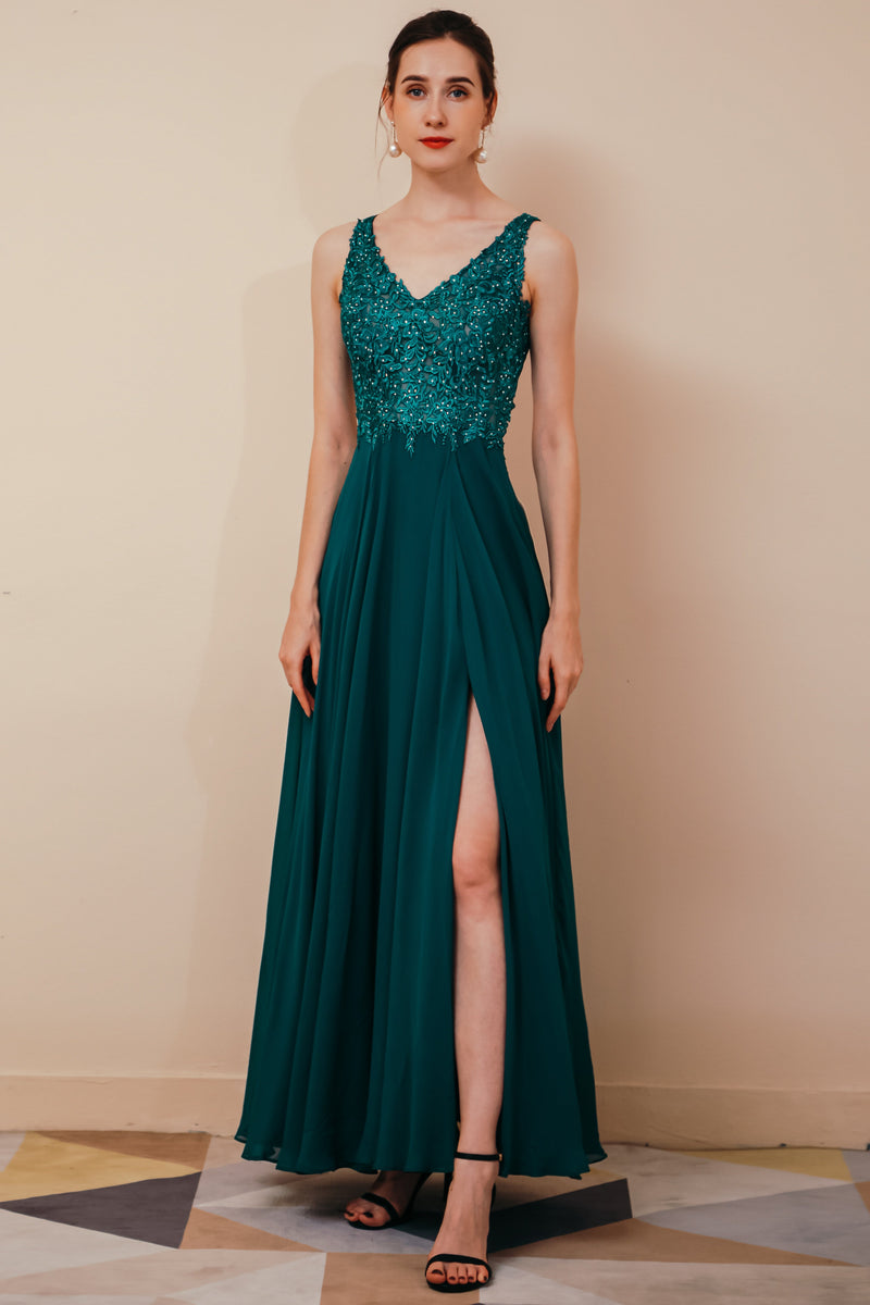 Rust A-line Chiffon V-neck Open-back Prom Dress-showprettydress