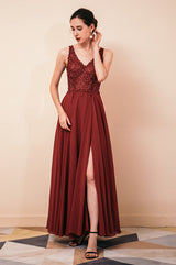 Rust A-line Chiffon V-neck Open-back Prom Dress-showprettydress