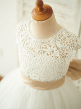 Sash Short Sleeves Jewel Neck Ecru White Kids Party Dresses-showprettydress