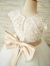 Sash Short Sleeves Jewel Neck Ecru White Kids Party Dresses-showprettydress