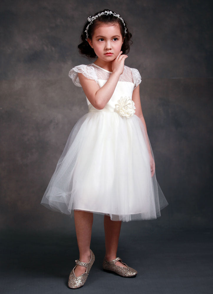 Satin Flower Girl'S Dress Ball Gown Illusion Neck Short Sleeves Girl'S Princess Formal Dress-showprettydress