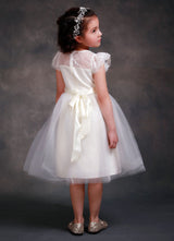 Satin Flower Girl'S Dress Ball Gown Illusion Neck Short Sleeves Girl'S Princess Formal Dress-showprettydress