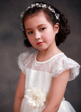 Satin Flower Girl'S Dress Ball Gown Illusion Neck Short Sleeves Girl'S Princess Formal Dress-showprettydress