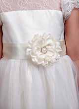 Satin Flower Girl'S Dress Ball Gown Illusion Neck Short Sleeves Girl'S Princess Formal Dress-showprettydress