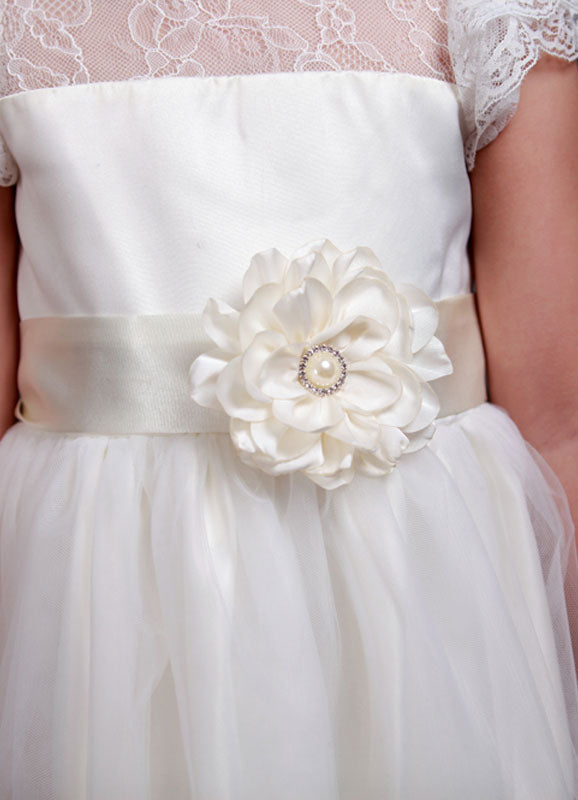 Satin Flower Girl'S Dress Ball Gown Illusion Neck Short Sleeves Girl'S Princess Formal Dress-showprettydress