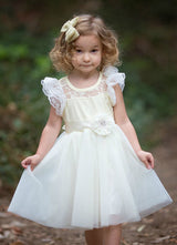 Satin Flower Girl'S Dress Ball Gown Illusion Neck Short Sleeves Girl'S Princess Formal Dress-showprettydress