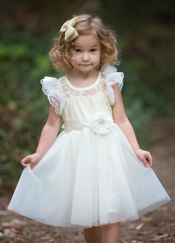 Satin Flower Girl'S Dress Ball Gown Illusion Neck Short Sleeves Girl'S Princess Formal Dress-showprettydress