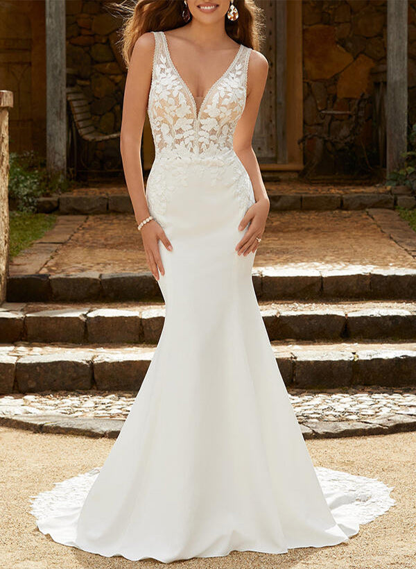 Satin Lace Mermaid Fitted V Neck Wedding Dresses Appliques Lace Sweep Train-Showprettydress