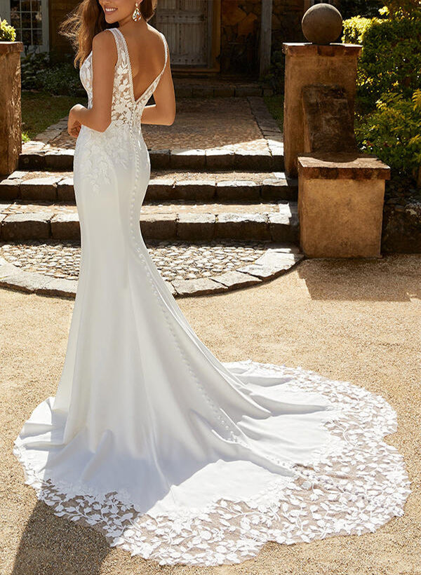 Satin Lace Mermaid Fitted V Neck Wedding Dresses Appliques Lace Sweep Train-Showprettydress