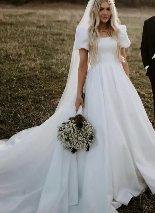 Satin Square Neckline Ball-Gown Wedding Dresses-Showprettydress