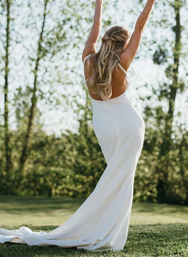 Satin Wedding Dress Open Back V-Neck Sleeveless Sheath Fitted-Showprettydress
