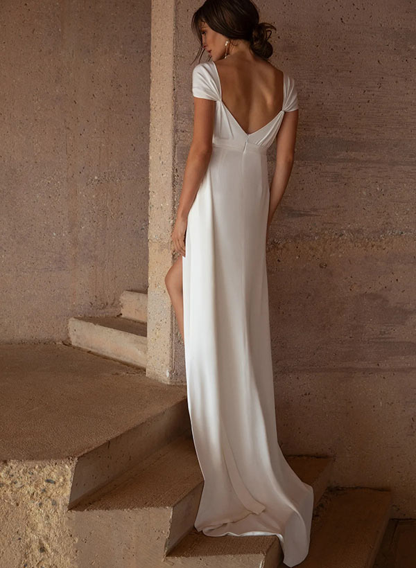 Satin Wedding Dress Split Front Sleeveless Cowl Neck Sheath Sweep Train-Showprettydress