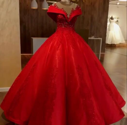 Scarlet Off-the-Shoulder Quinceanera Dresses Lace Crystal Puffy Ball Gown Evening Dress-showprettydress