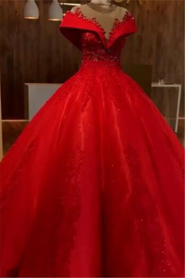 Scarlet Off-the-Shoulder Quinceanera Dresses Lace Crystal Puffy Ball Gown Evening Dress-showprettydress