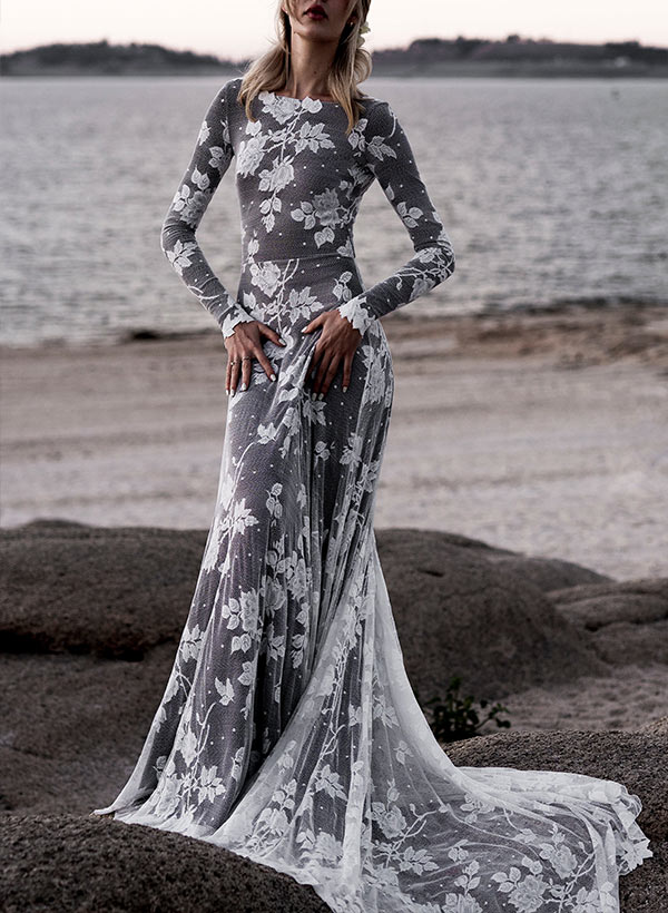 Scoop Neck Long Sleeves Court Train Lace Wedding Dresses Mermaid Fitted Style-Showprettydress