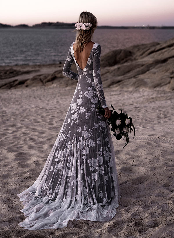 Scoop Neck Long Sleeves Court Train Lace Wedding Dresses Mermaid Fitted Style-Showprettydress
