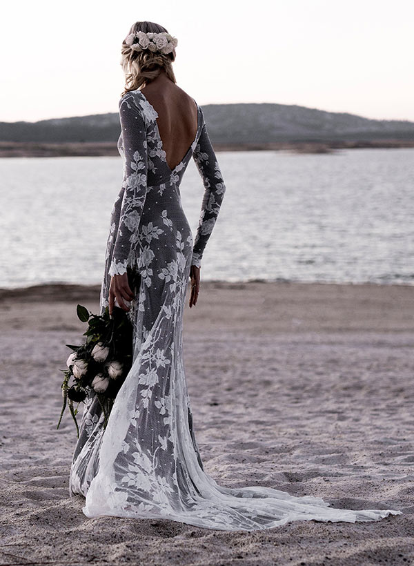 Scoop Neck Long Sleeves Court Train Lace Wedding Dresses Mermaid Fitted Style-Showprettydress