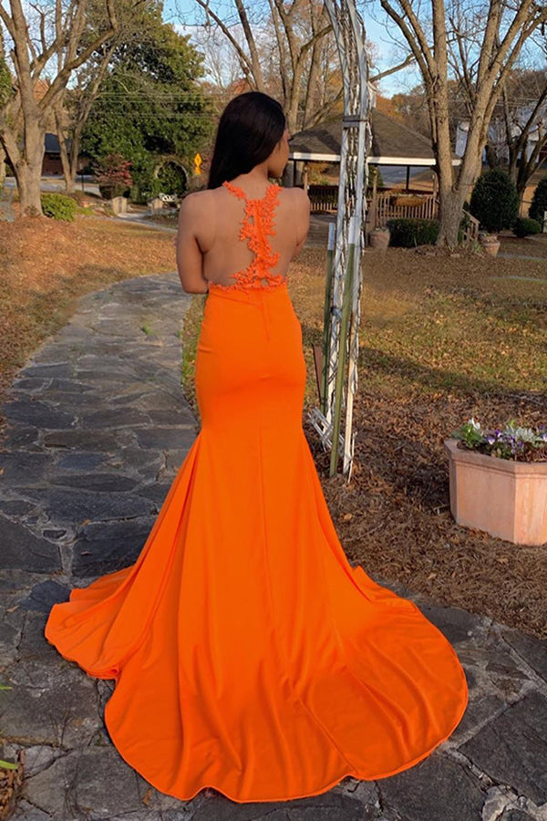 See Through Sleeveless Front Slit Brush Train Appliques Mermaid Prom Gowns-showprettydress