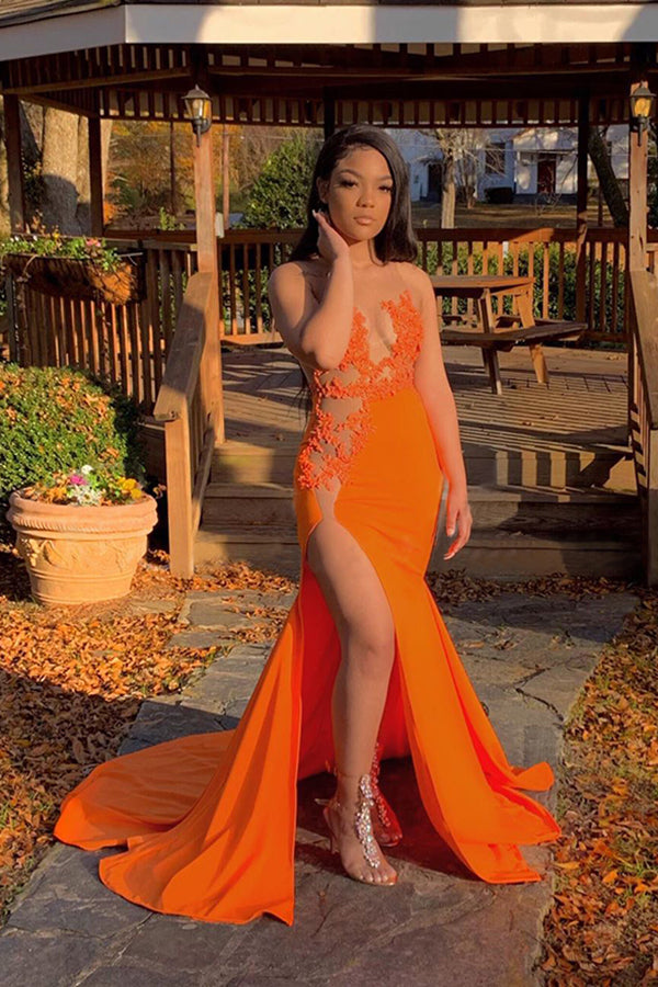 See Through Sleeveless Front Slit Brush Train Appliques Mermaid Prom Gowns-showprettydress