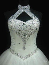Sequin Ball Gown Sleeveless Floor Length Beading Tulle Halter Wedding Dresses-showprettydress