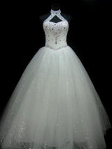 Sequin Ball Gown Sleeveless Floor Length Beading Tulle Halter Wedding Dresses-showprettydress