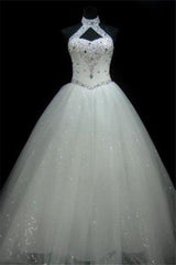 Sequin Ball Gown Sleeveless Floor Length Beading Tulle Halter Wedding Dresses-showprettydress