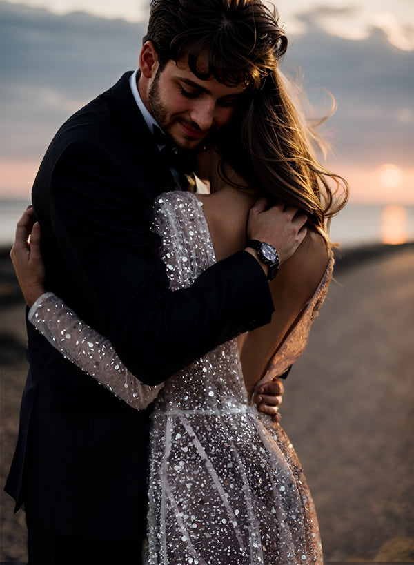 Sequin V-Neck Long Sleeves Boho Garden Wedding Dress Sweep Train-Showprettydress