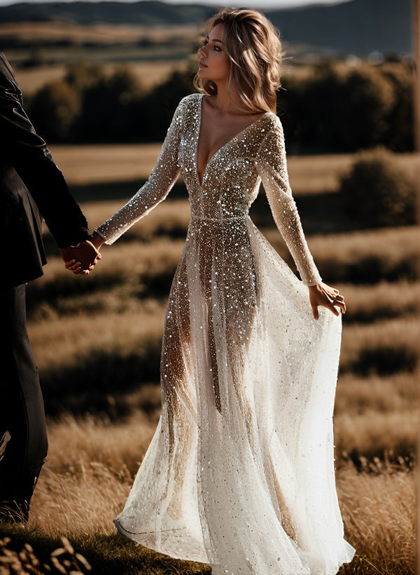 Sequin V-Neck Long Sleeves Boho Garden Wedding Dress Sweep Train-Showprettydress