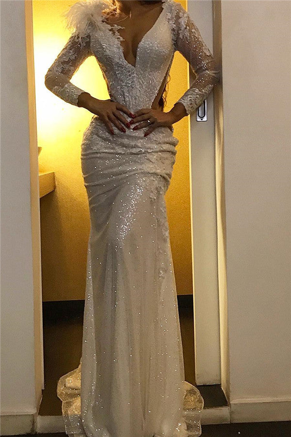 Sequined Mermaid V-neck Evening Dresses Chic Sparkling Fur Formal Gowns-showprettydress