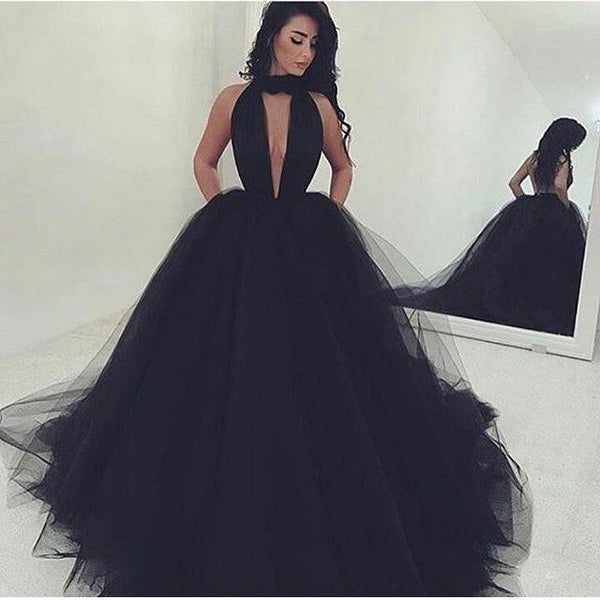 Sexy Ball Gown Black Prom Dress Long Tulle Deep V-neck-showprettydress