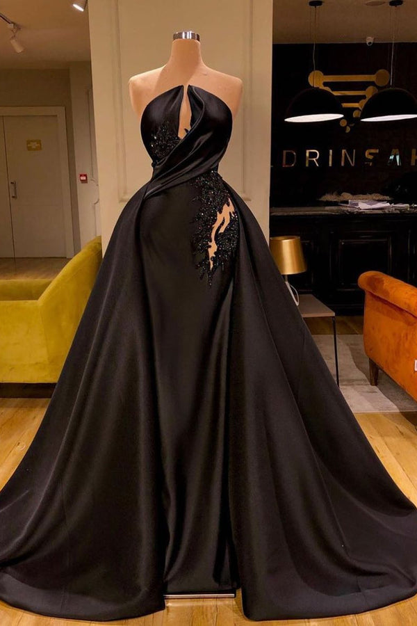 Sexy Ball Gown Strapless Black Prom Dress Long Beaded-showprettydress