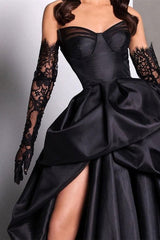 Sexy Black Long A-line Sweetheart Satin Formal Prom Dress With Slit-showprettydress