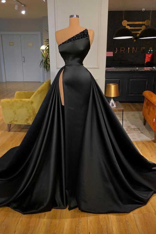 Sexy Black Long Mermaid Satin Beadings Prom Dress With Split-showprettydress