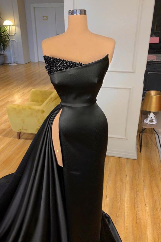 Sexy Black Long Prom Dress With Split Beadings Evening Gowns-showprettydress