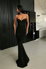Sexy Black Spaghetti Straps Mermaid Prom Dress Sequins Chiffon Long-showprettydress