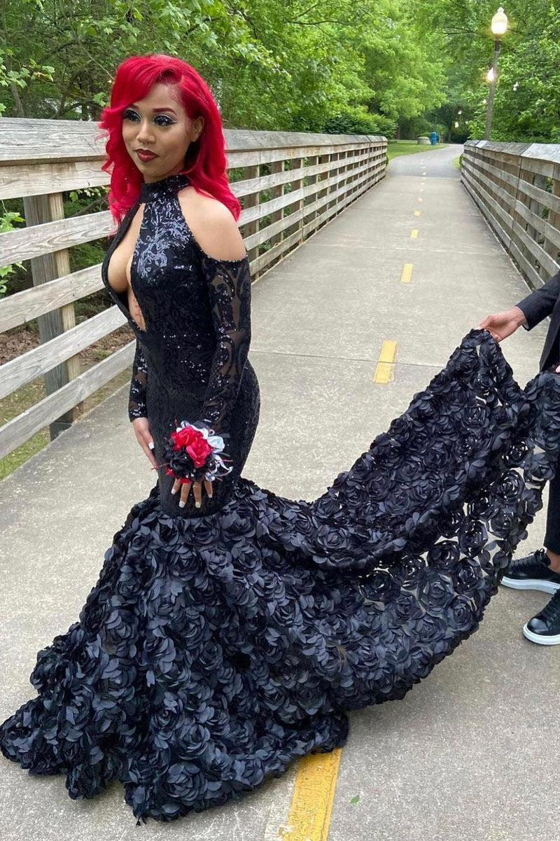 Sexy Black Sparkle Keyhole Mermaid Flowers Cold shoulder Prom Dresses-showprettydress