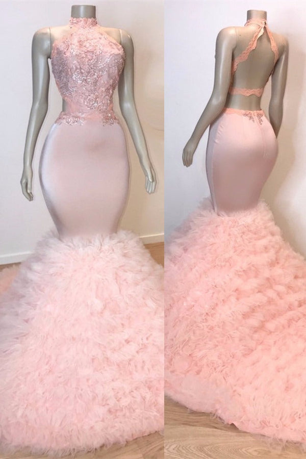 Sexy Chiffon High Collar Mermaid Prom Dress Sequins Pink Long-showprettydress