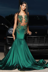 Sexy Dark Green Appliques Mermaid Sleeveless Prom Dress with Beads-showprettydress