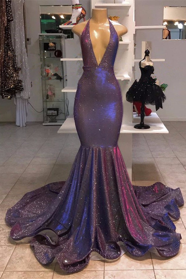 Sexy Deep V-neck Chiffon Mermaid Prom Dress Sequins Long-showprettydress