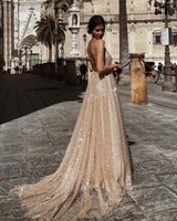 Sexy Deep V-Neck Spaghetti Straps Prom Dress Sequins Long-showprettydress