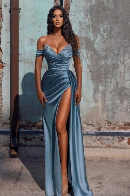 Sexy Dusty Blue Long Off-the-shoulder High Split Prom Dresses-showprettydress