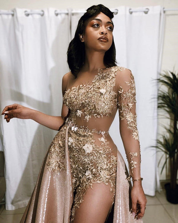 Sexy Gold Two-piece Prom Dress Sequins Long Sleeve On One Side-showprettydress